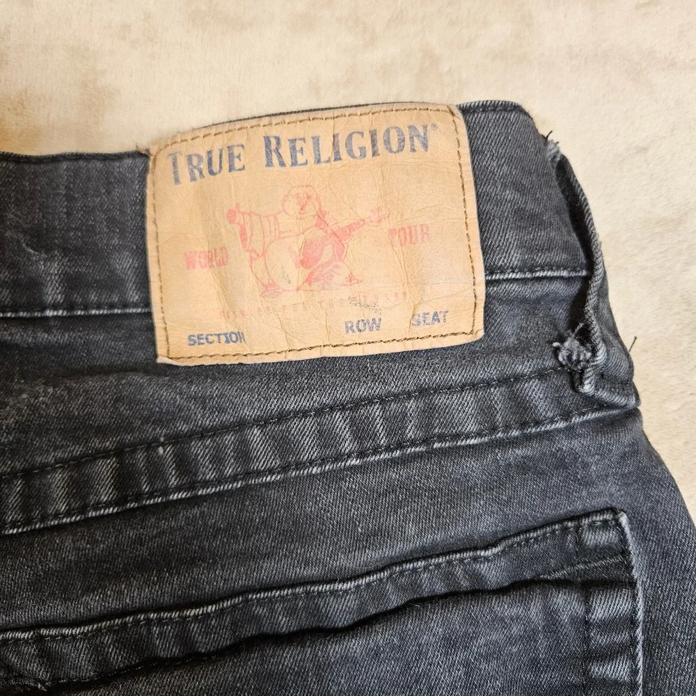 True Religion Ricky Relaxed Straight Black Jeans Mens 34 Flap Pocket Distressed